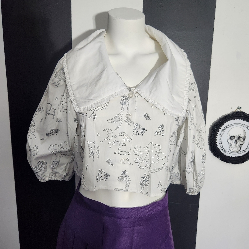 White Printed Cropped Blouse with Wide Collar - Women Tops - Picture 2 of 7